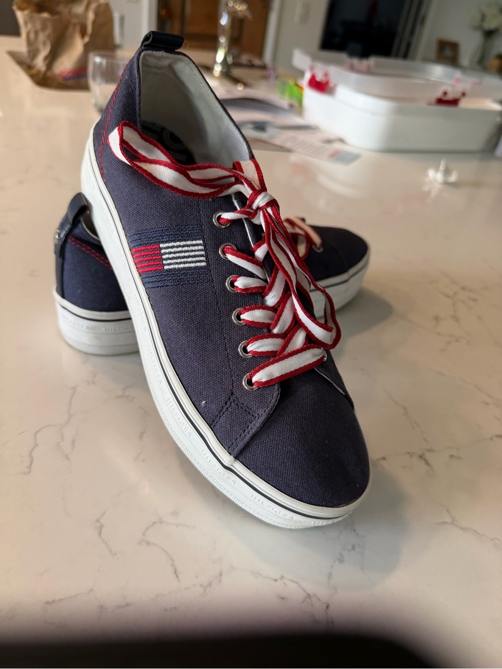 Tommy Hilfiger Navy Sneakers with Red & White Stripe Laces